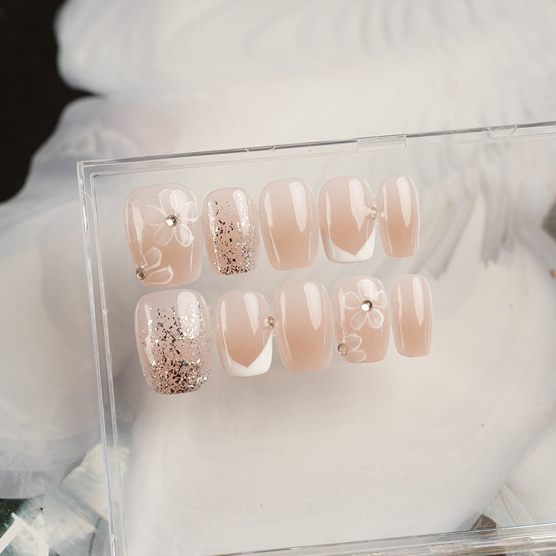 Nude Pink Hand-Painted Floral Press on Nails