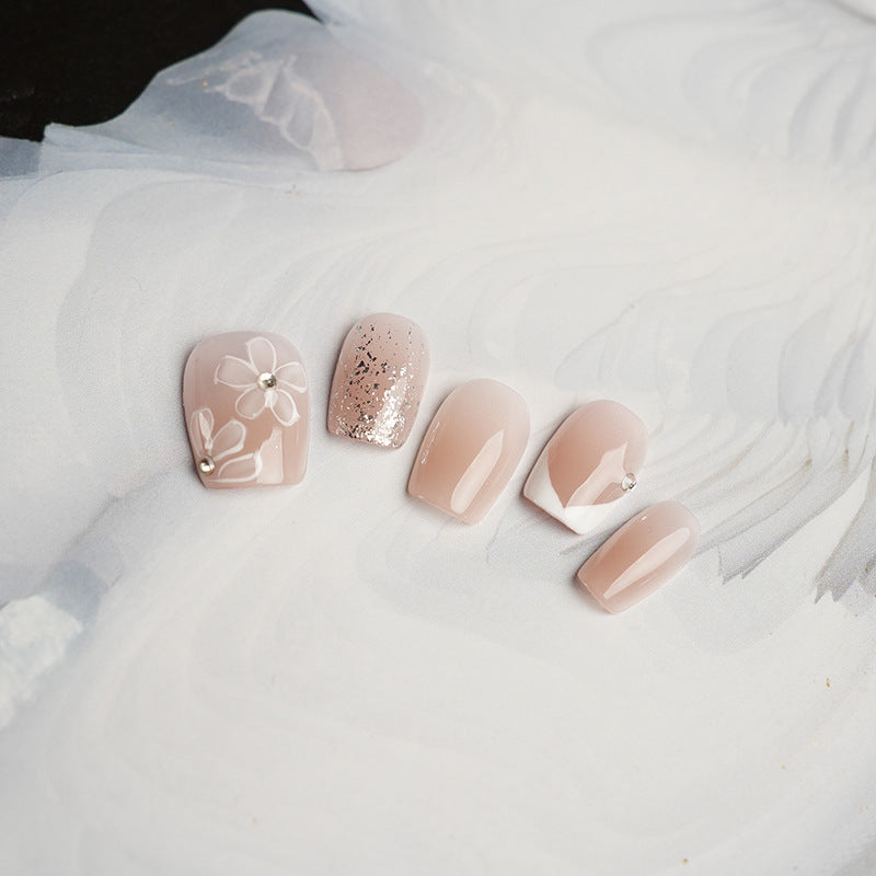 Nude Pink Hand-Painted Floral Press on Nails