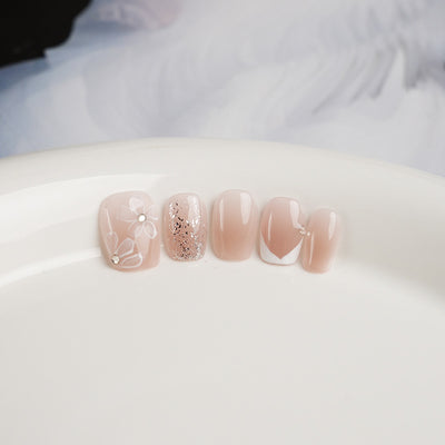 Nude Pink Hand-Painted Floral Press on Nails