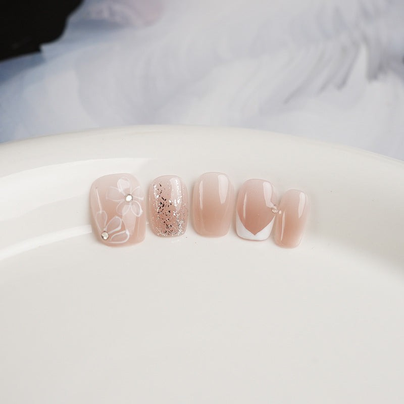 Nude Pink Hand-Painted Floral Press on Nails