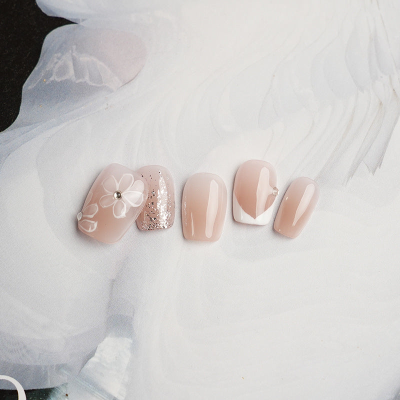 Nude Pink Hand-Painted Floral Press on Nails