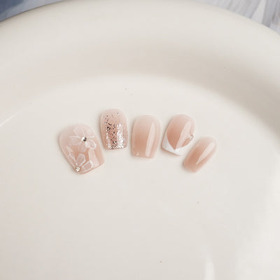 Nude Pink Hand-Painted Floral Press on Nails