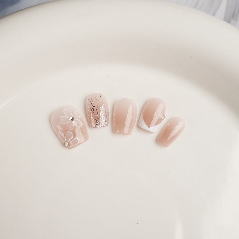 Nude Pink Hand-Painted Floral Press on Nails