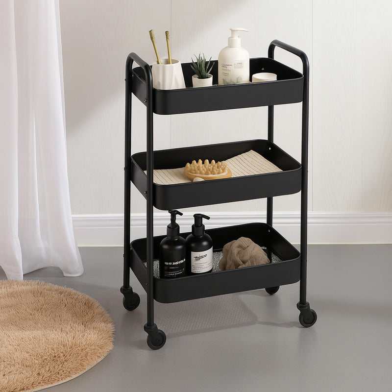 3-Tier Slim Metal Storage Trolley Black