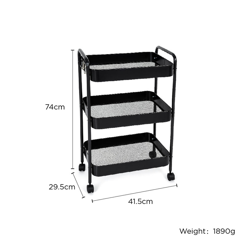 3-Tier Slim Metal Storage Trolley Black