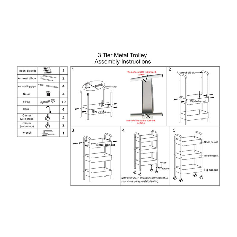 3-Tier Slim Metal Storage Trolley Black