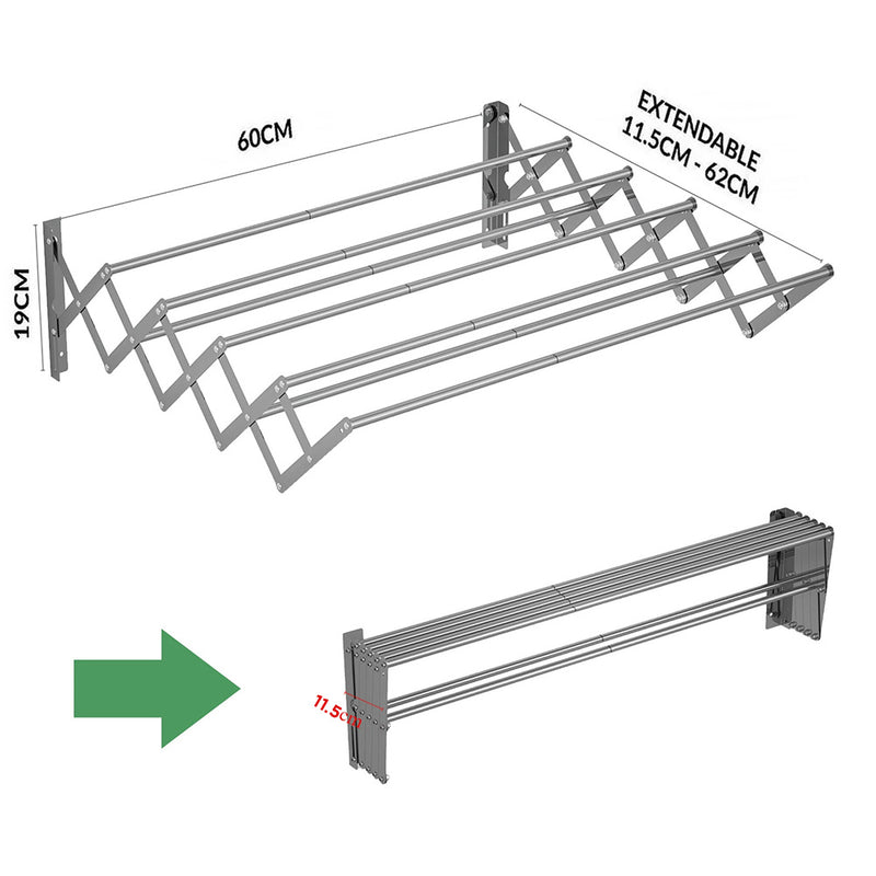 Stainless Steel Wall Hanging Folding Clothing Airer Drying Rack - Grey