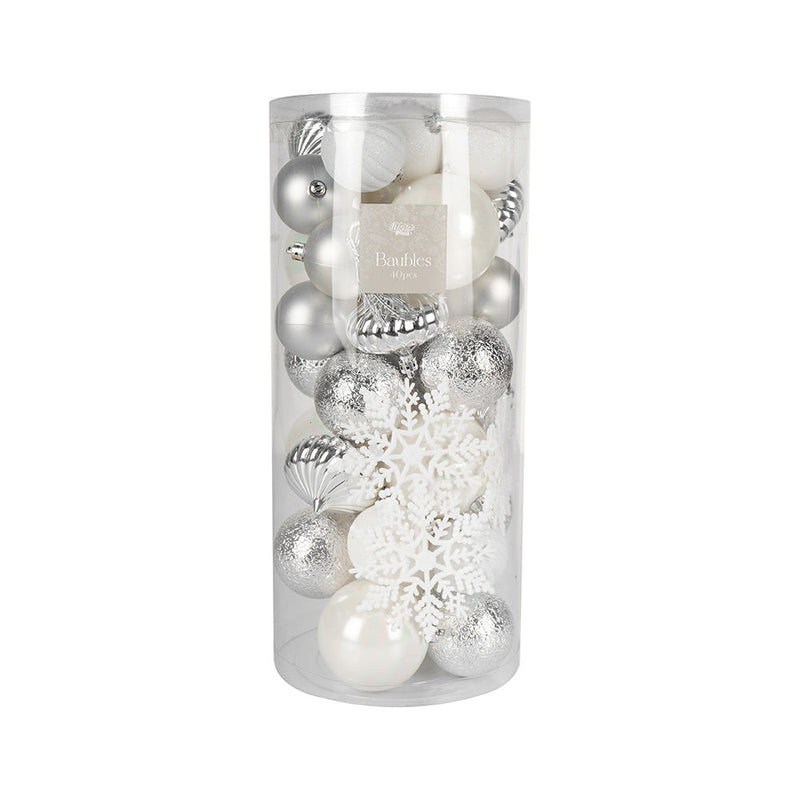 Christmas Baubles 40PCS White & Silver